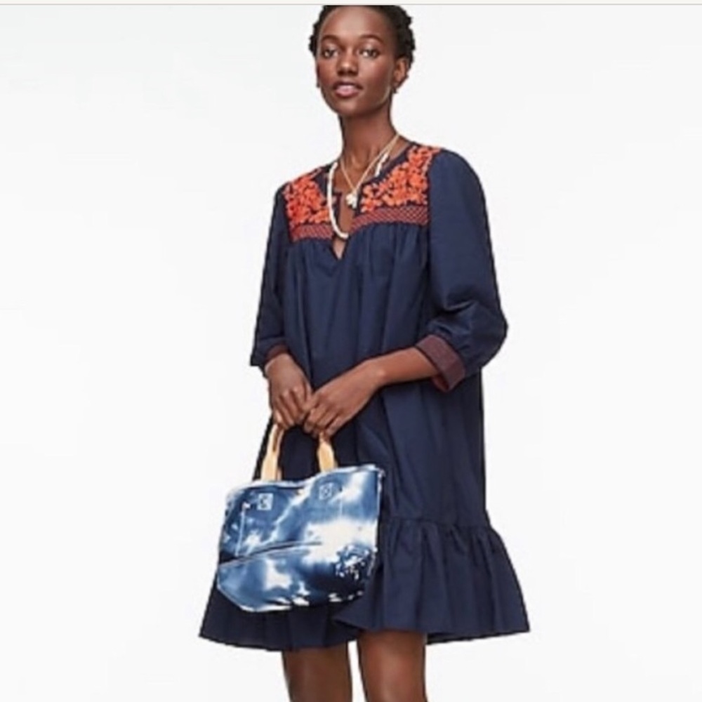 Embroidered popover dress with ruffle hem